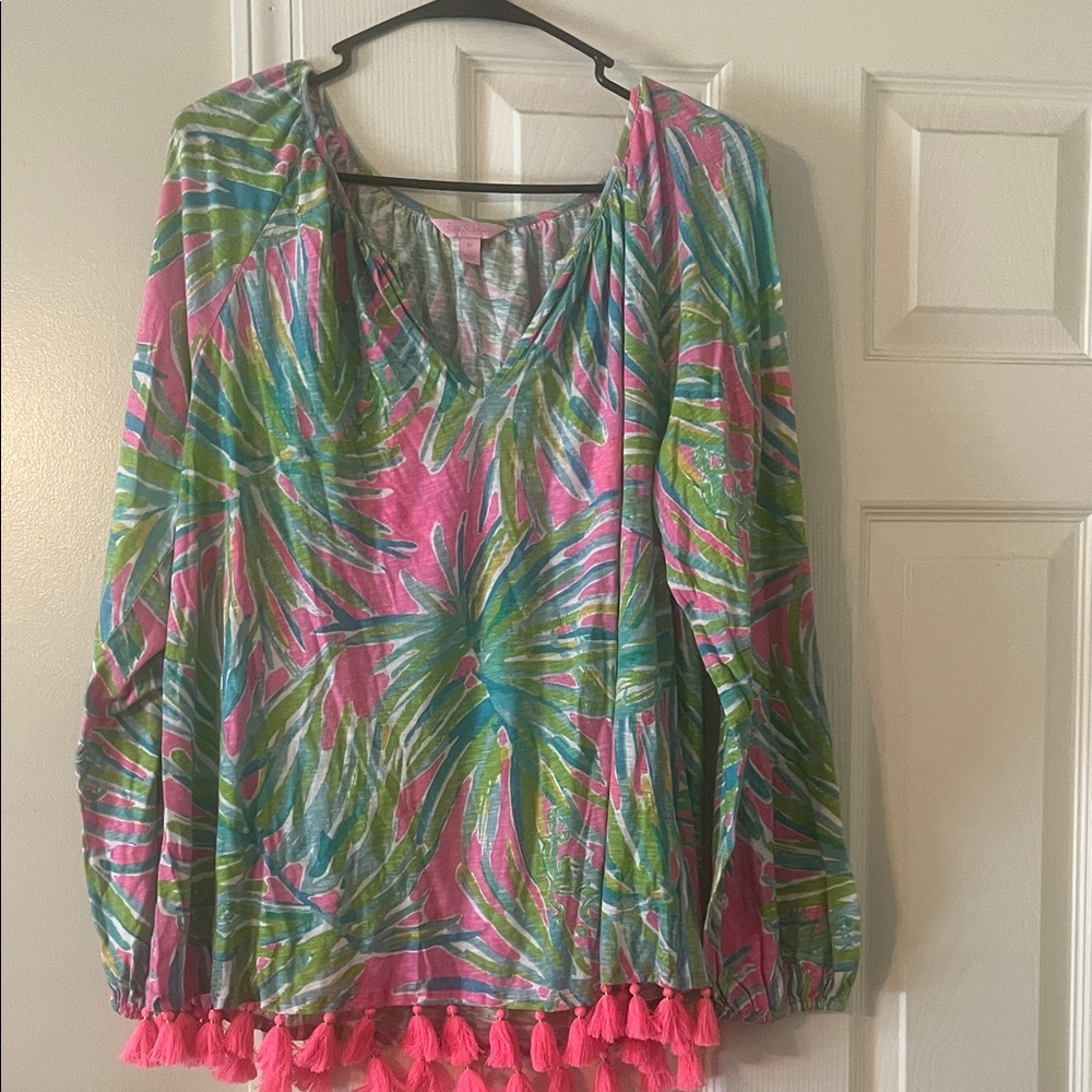 Lilly Pulitzer Pink and Green Leaf Print Blouse with Tassels